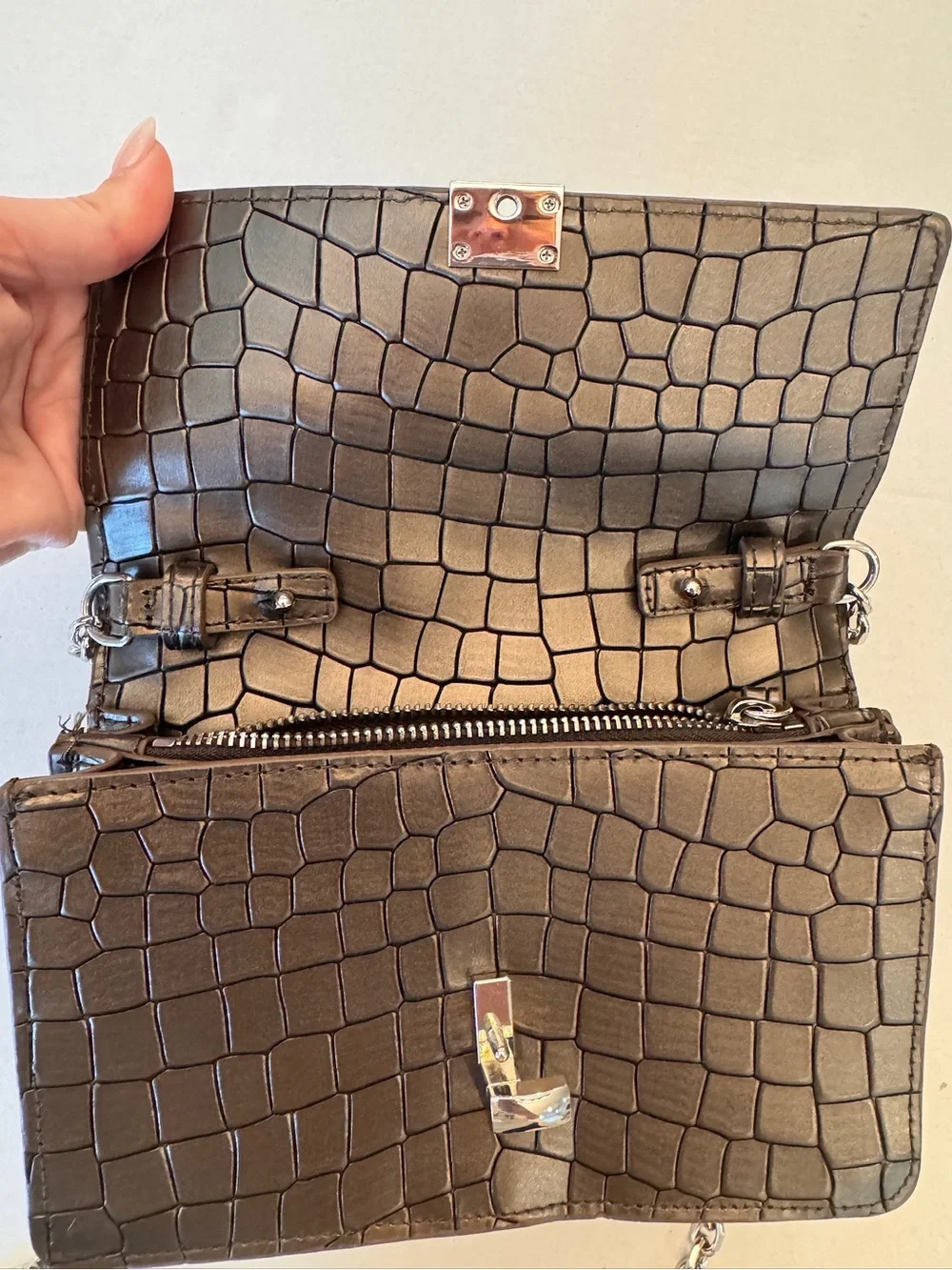 VTG BOTKIER LENOX GUNMETAL CROC LEATHER CHAIN CROSS BODY TOP HANDLE BAG PURSE
